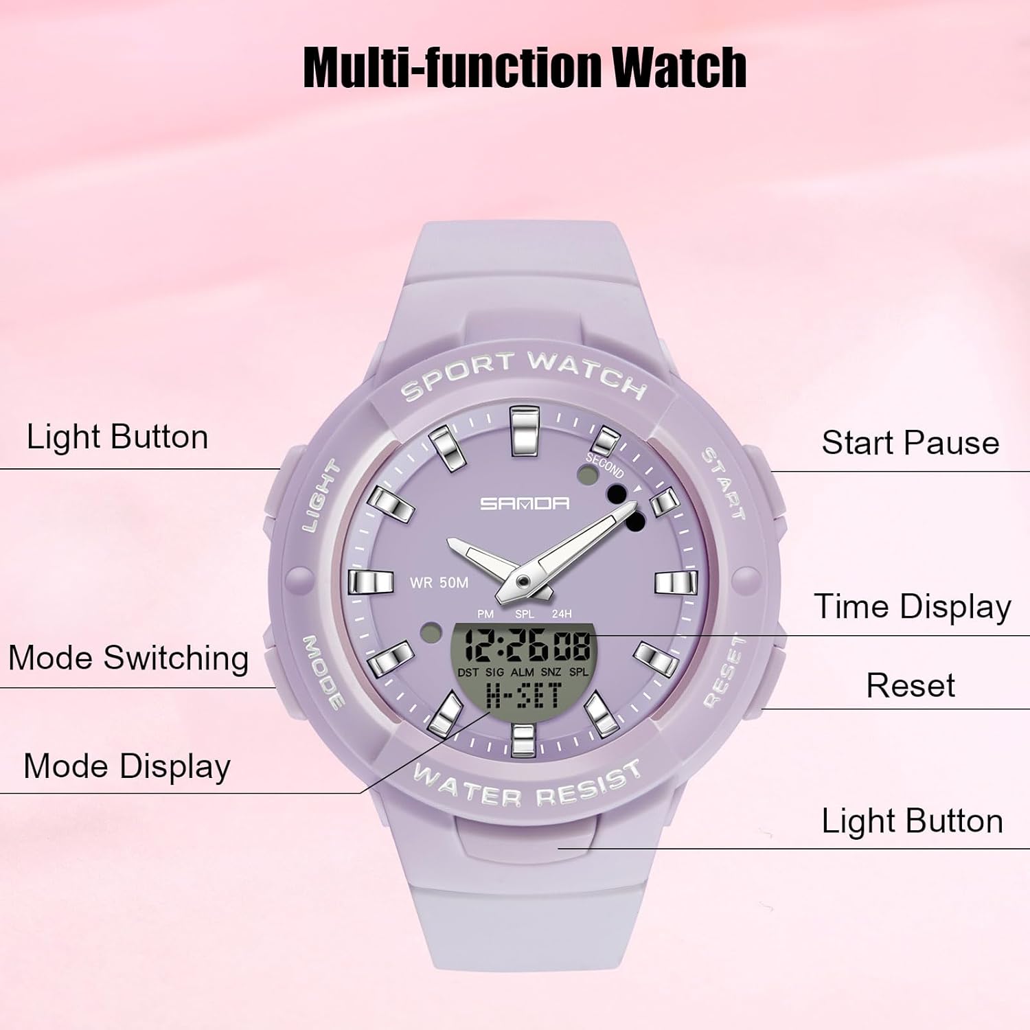 Electronic Wristwatch Digital Analog Quartz Watches Ladies Simple Resin 50M Waterproof Watch Multifunctional Military for Women