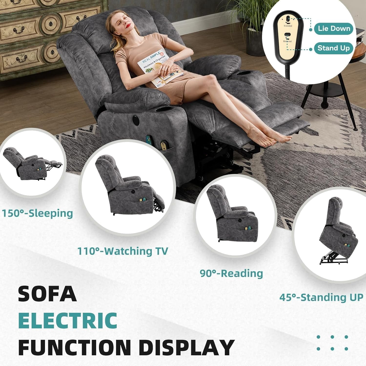 MEETWARM Large Power Lift Electric Recliner Chair with Extended Footrest for Elderly Big Man, Overstuffed Wide Recliner with Massage and Heat, 2 Remote Controls/USB Ports/4 Side Pockets(Grey)