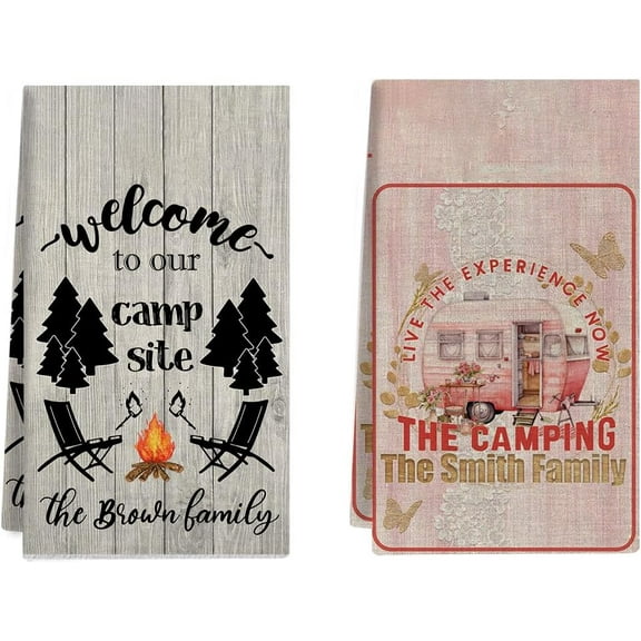 Happy Camper Kitchen Towels and Custom Dishcloths Family Name Hand Towel,Campsite Cabin RV Drying Cloth Hand Towels Tea Towels for Bathroom Kitchen, Camping Lovers Adventurers Gifts