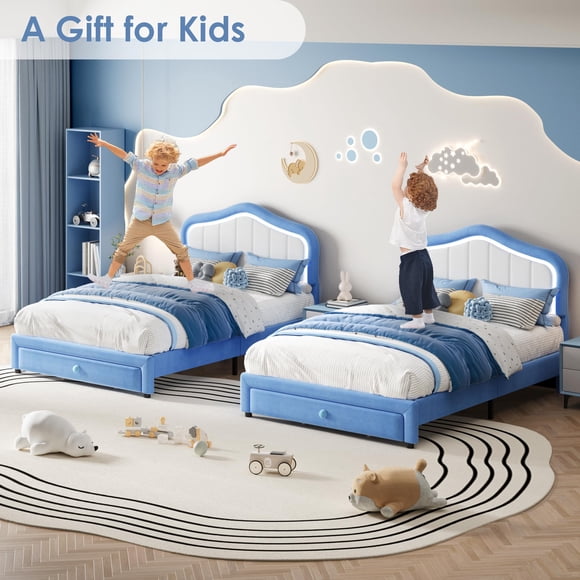 Cama tamaño full tapizada con luces LED y cajón de almacenamiento – Terciopelo duradero – Soporte de lamas de madera – Sin box spring – Montaje sencillo – Para dormitorios juveniles