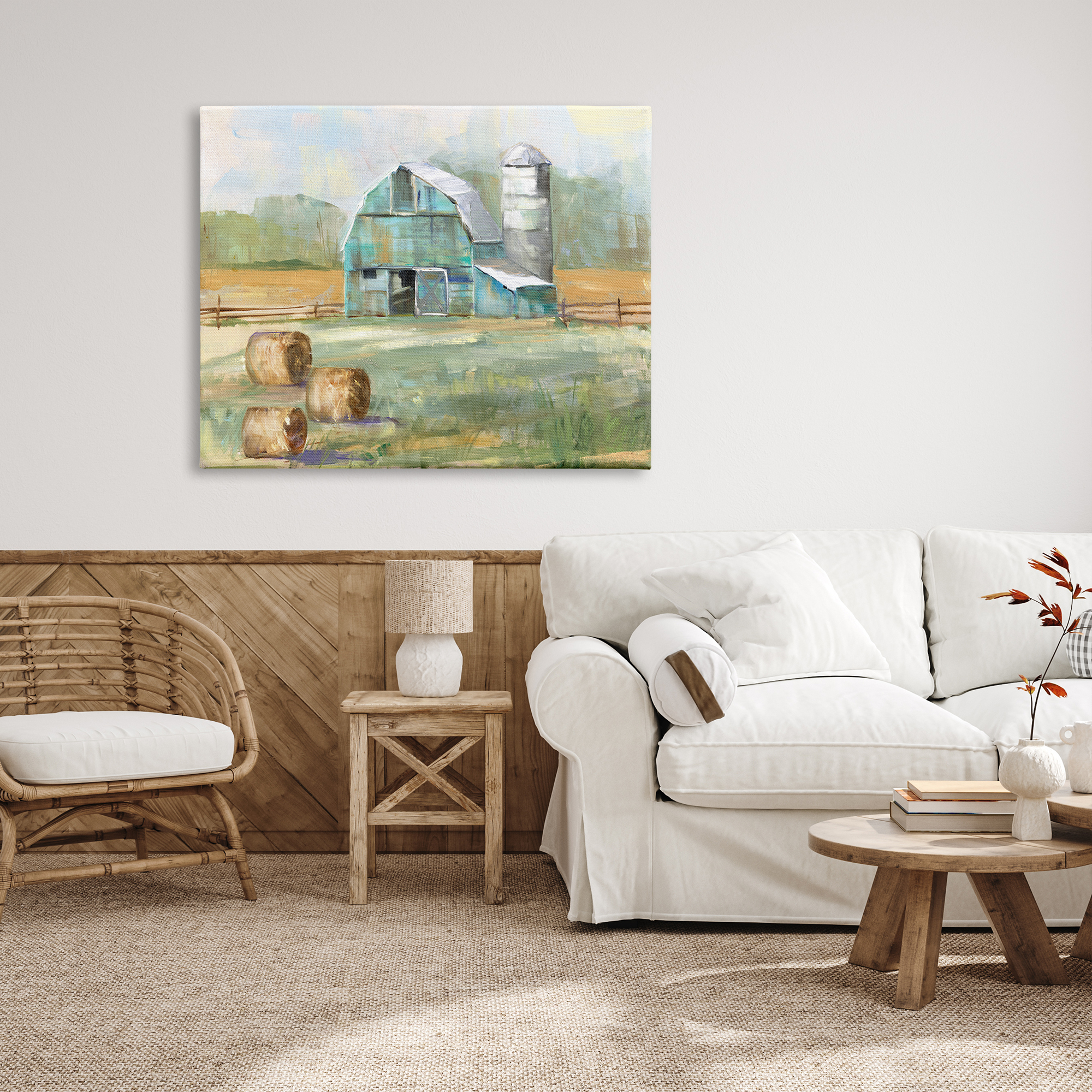 Stupell Indtries Contemporary Blue Farm Barn Hay Bails Empty Field,48 x 36,Design by Sally Swatland