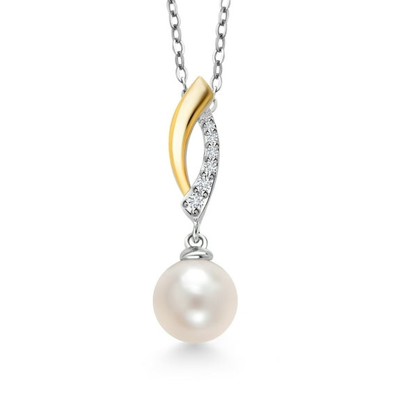 Gem Stone King 925 Sterling Silver and 10K Yellow Gold 7-7.5MM Cultured Freshwater Pearl and White Lab Grown Diamond Dangle Pendant Necklace for Women with 18 inch Chain