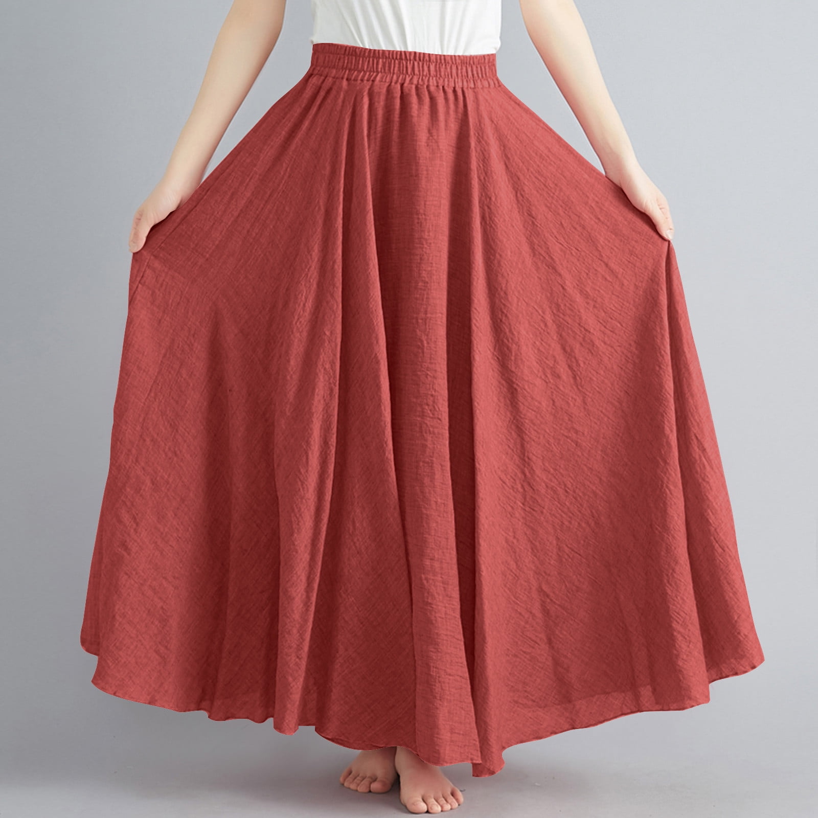 Cavosen Summer Skirts Women Long Maxi Ankle Length Skirts Linen Pleated Pencil Skirts Elastic Waist Plain Summer Skirts Oversized Dress Athletic Beachwear Casual Resortwear Red