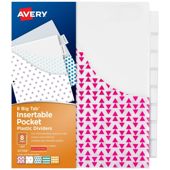 Avery Big Tab Dividers, 8-Tab Set, Plastic, Pockets, Insertable Big Tabs, Geometric Patterns, 1 Set (07709)