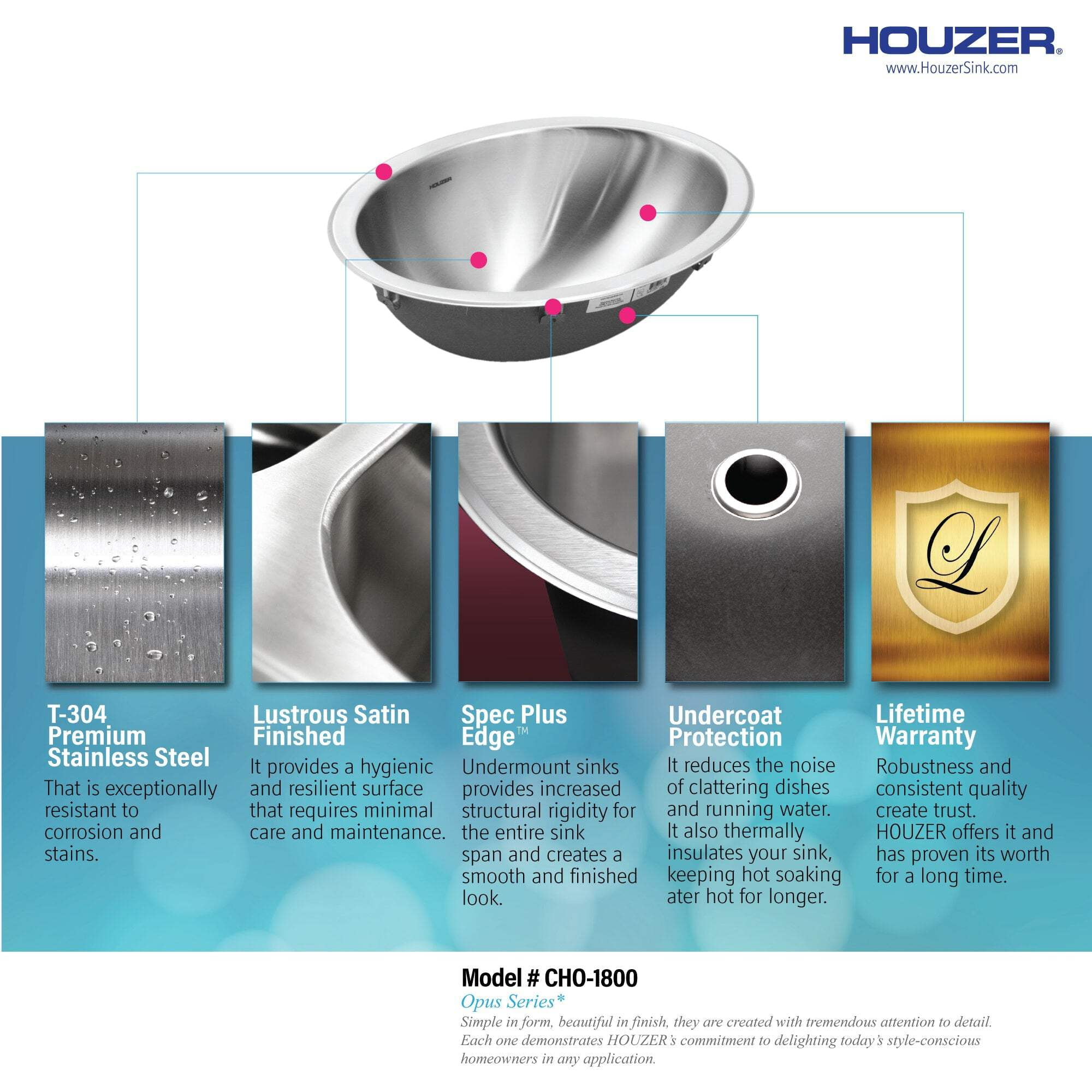 Houzer Opus 18 in Stainless Steel Undermount Single Oval Bowl Bathroom Sink with Overflow Assembly - CHO-1800-1