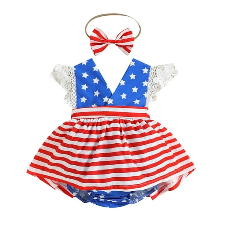 

5month Baby Babies Long Sleeve Shirts Girls Lace Fly Sleeve Independence Day Striped Printed Romper 4th Of July Backless Bodysuits Headbands 18 24 Month Girl Clothes