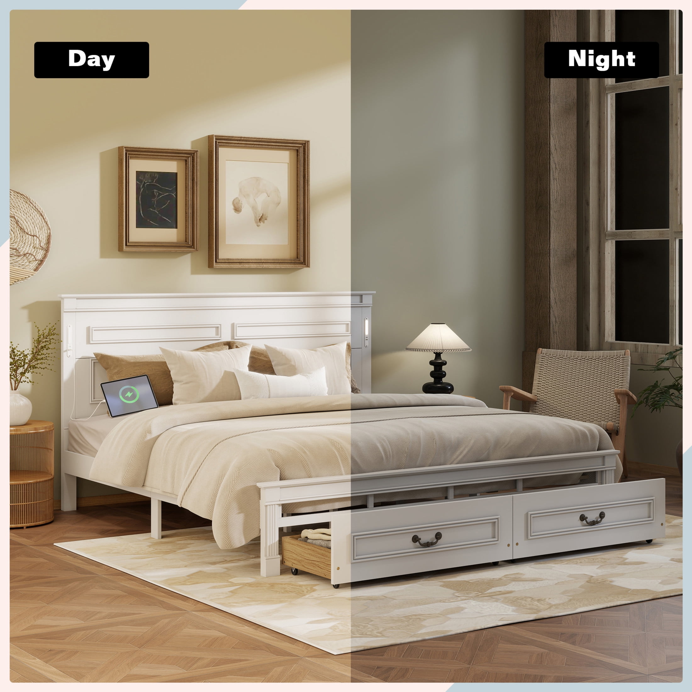 Noble House Corneille King Farmhouse Bed with LED Headboard, USB Charging Station, Storage Drawers, Pine Wood, White