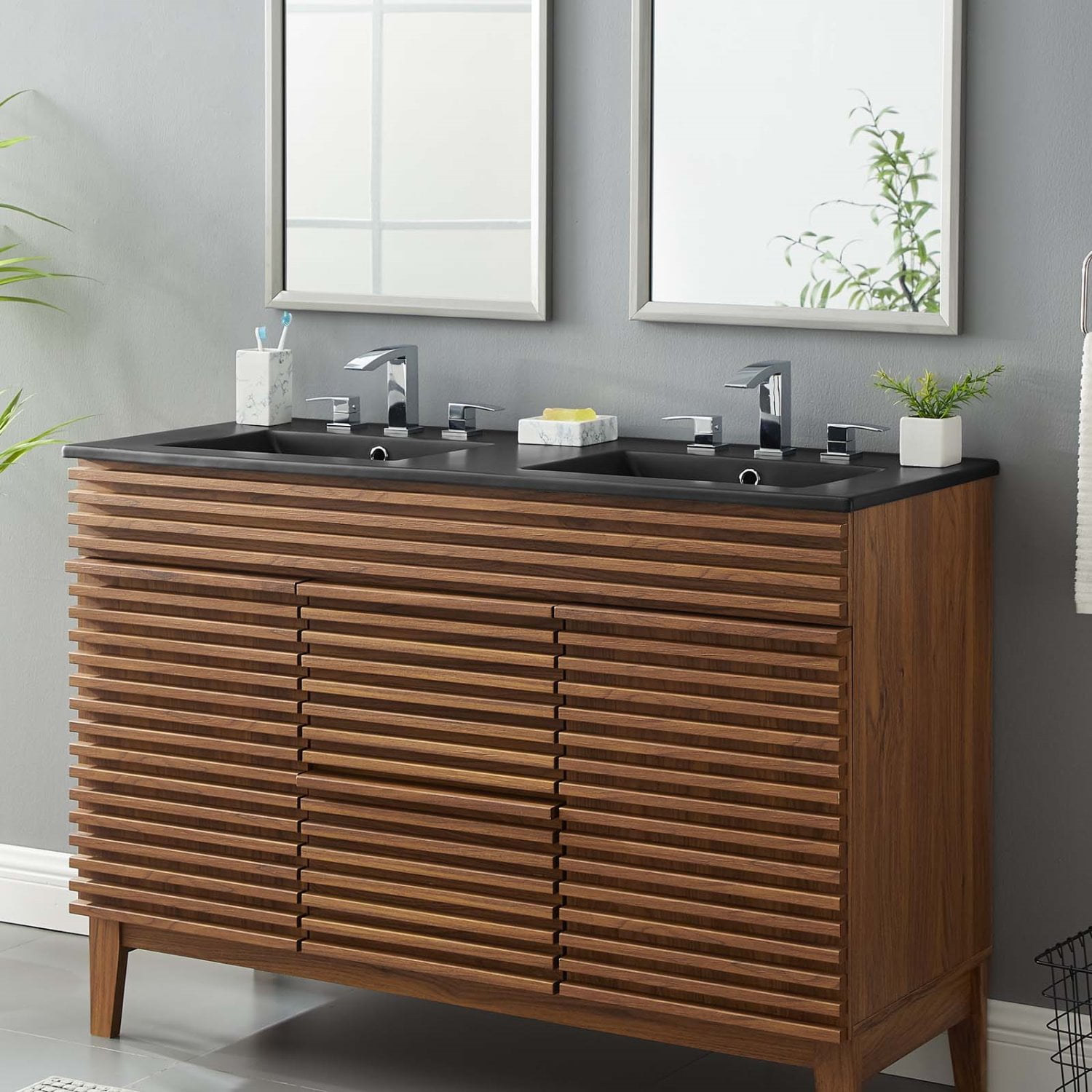 Double Vanity Sink, Black, Ceramic, Hotel Bedroom Bathroom, Modern Contemporary HB33616
