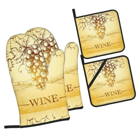 

Haiem Bunch of Grapes Print Extra Long Oven Mitts and Pot Holders 4pc Sets: Heat Resistant Silicone Oven Mittens with Mini Oven Gloves and Hot Pads Potholders