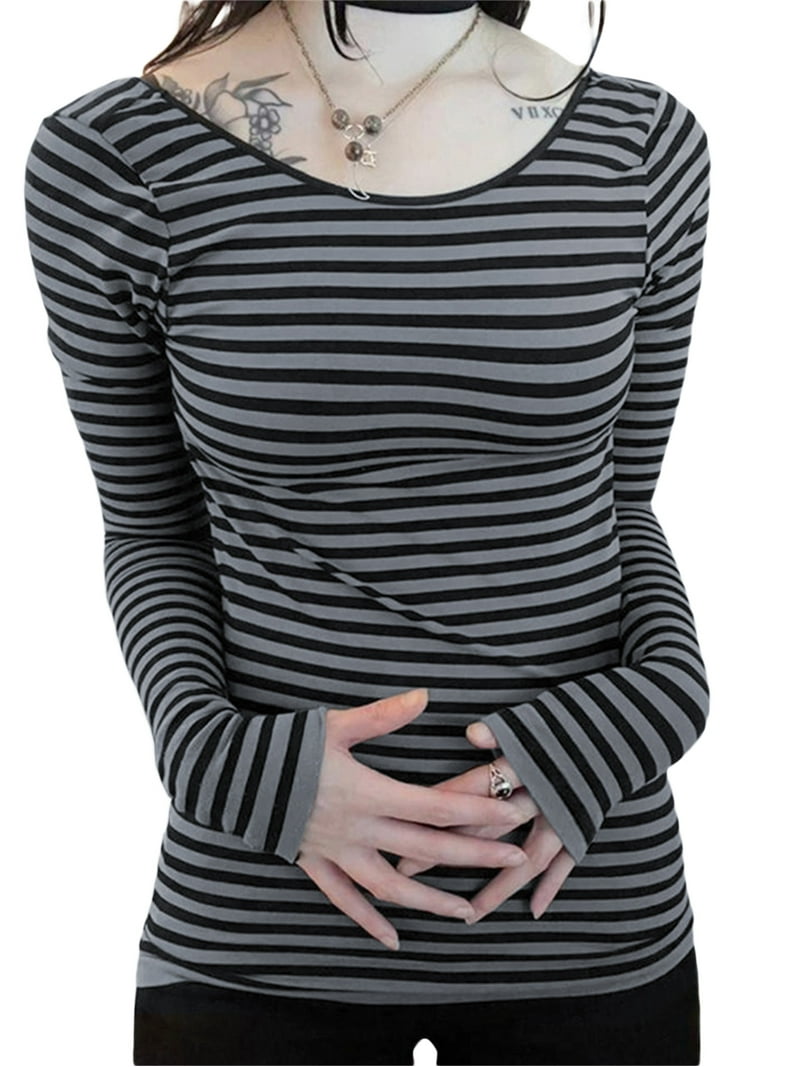 Grunge Top 2000s Aesthetic Women Striped Long Sleeve T Shirts