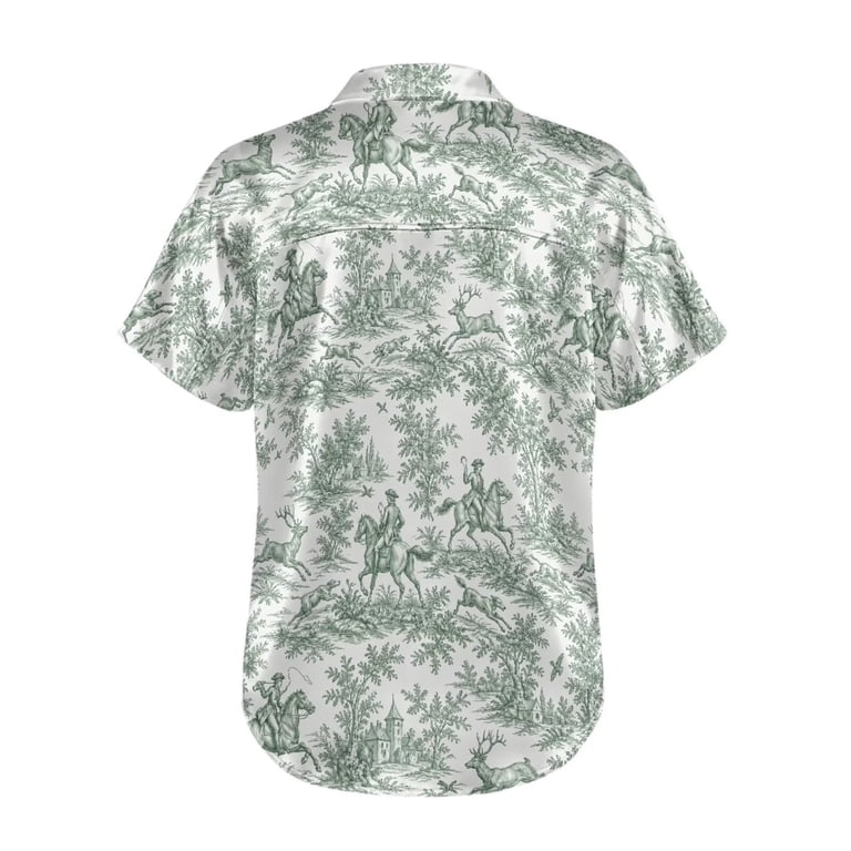 Xoenoiee Green Toile De Jouy Deer Horse Print Casual Short Sleeve