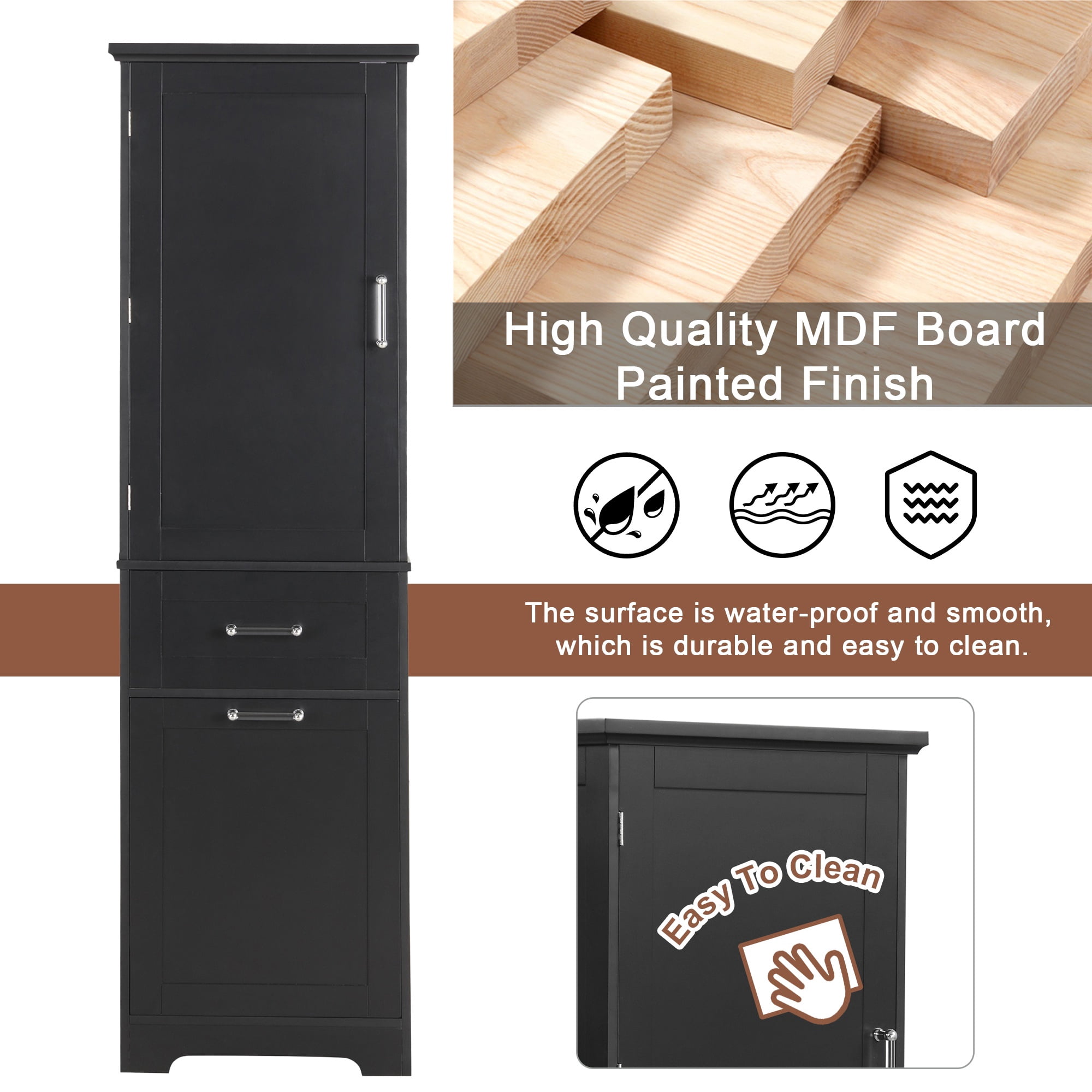 Bellemave 68.1”H Tall Bathroom Storage Cabinet Freestanding Storage Cabinet with 2 Different Size Drawers and 1 Door Wooden Floor Cabinet with Adjustable Shelves for Home, Kitchen, Black