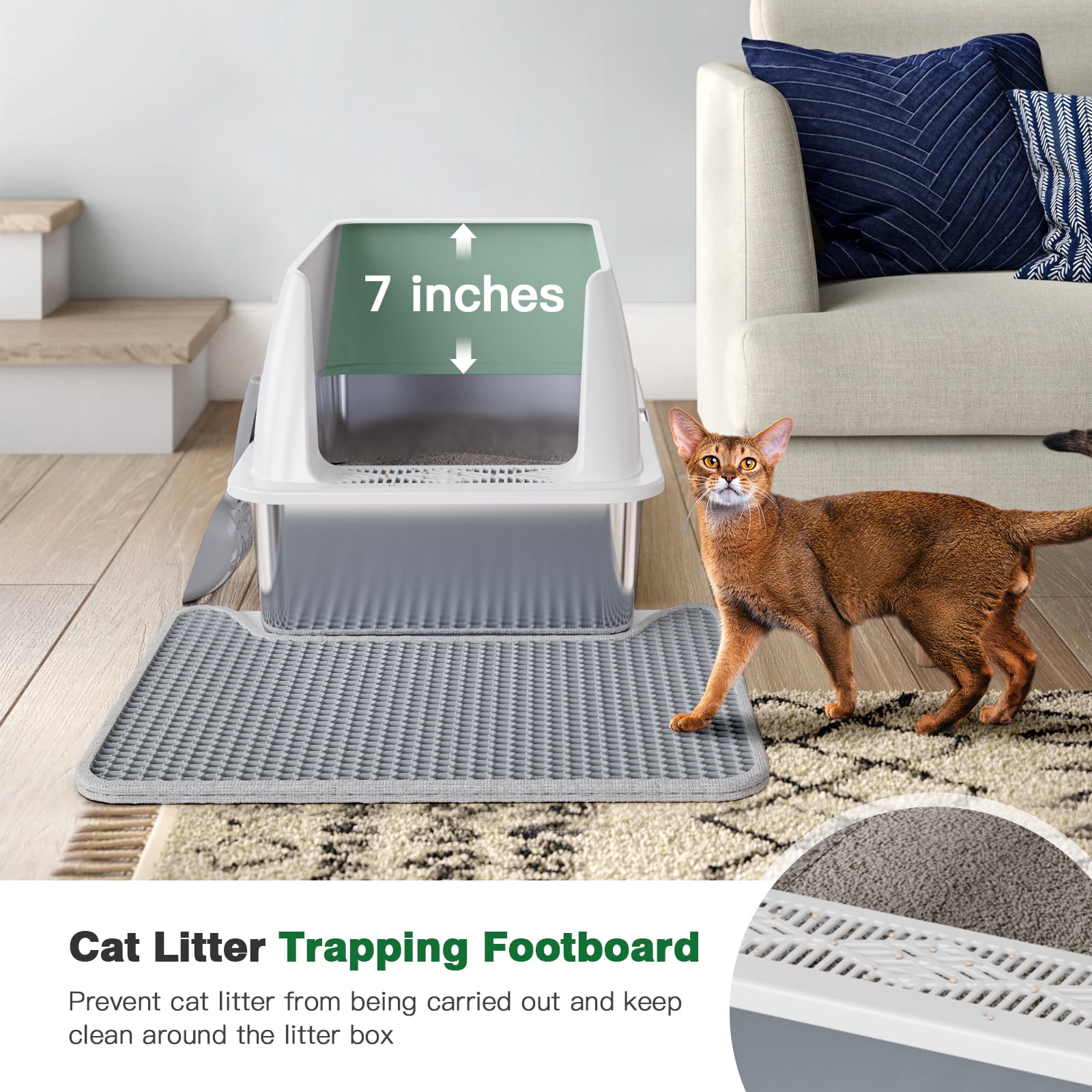 Pawward Stainless Steel Cat Litter Box with Scoop & Mat, Large Enclosed Litter Box with Lid,  High-Walled Design