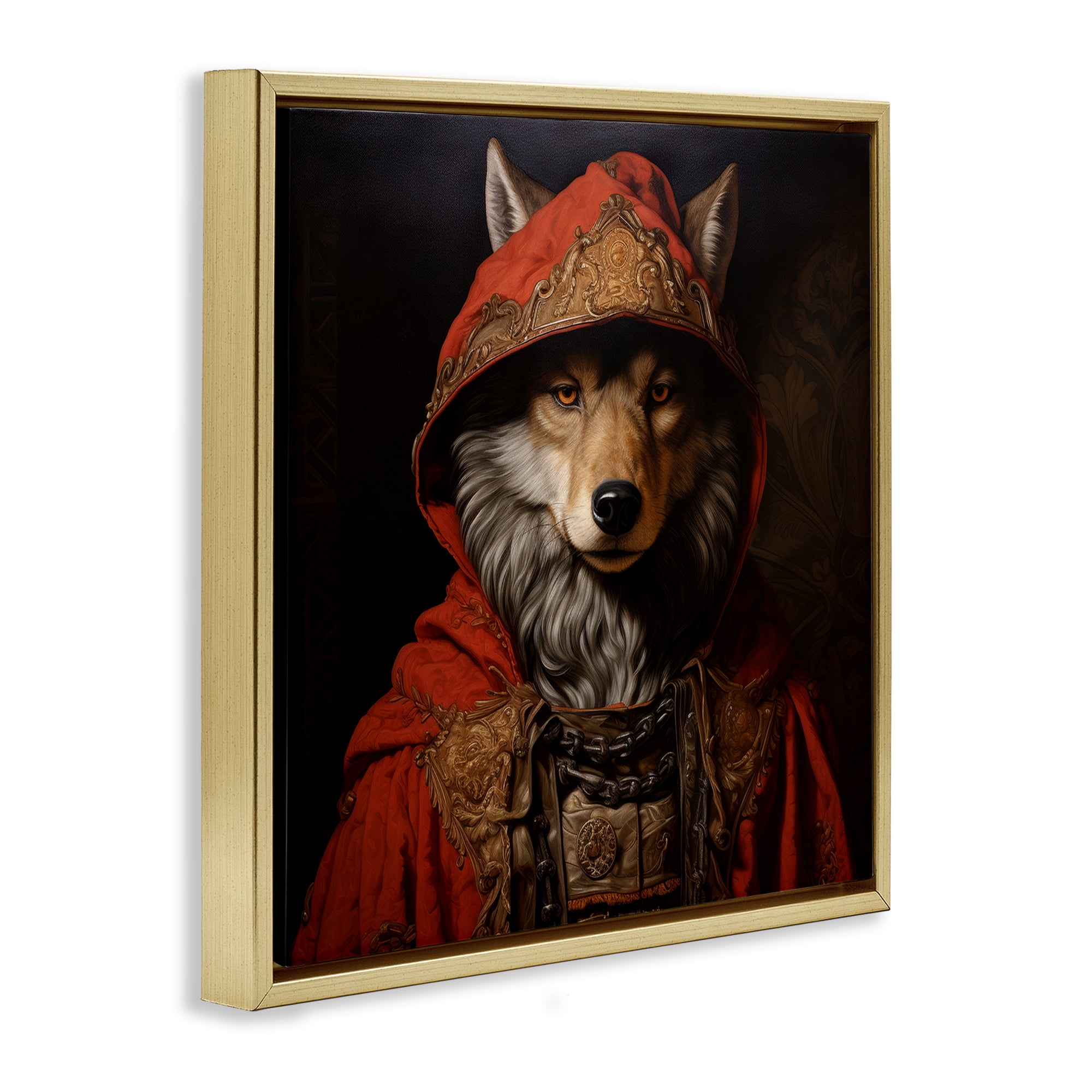 Stupell Industries Wolf with Red Cloak Animals & Insects Painting Gold Floater Framed Canvas Art Print Wall Art, 25 x 25