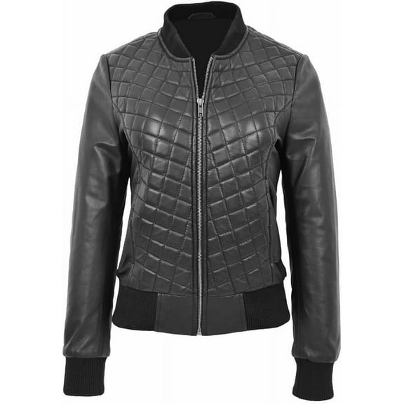 Women's Black Genuine Lambskin Bomber Quilted Leather Jacket Motorcycle Biker Leather Jacket W321
