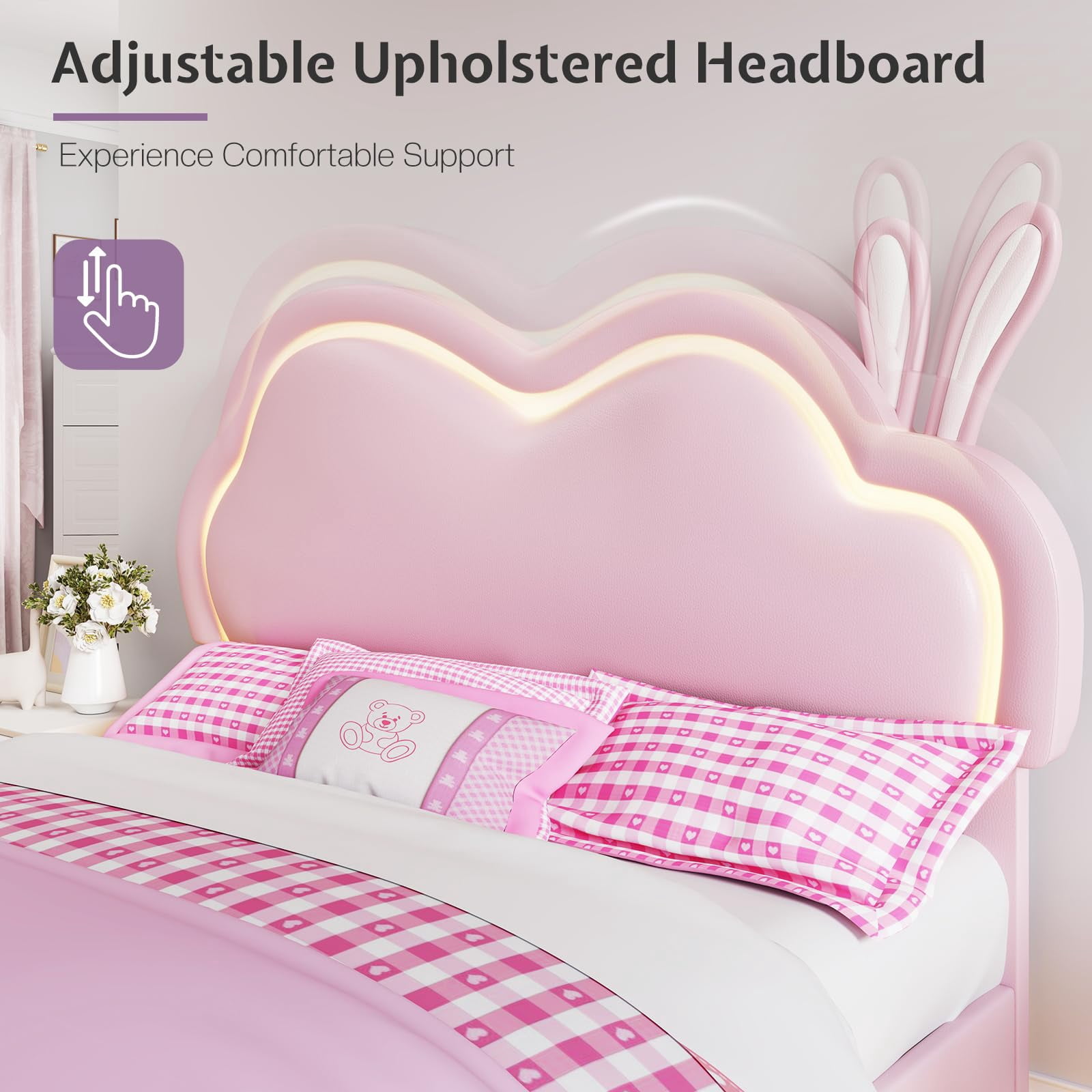 Merluxy Floating Full Bed Frame with Adjustable LED Headboard, Leather Upholstered Platform Bed Frame with Wood Slats Support, Easy Assembly, Pink