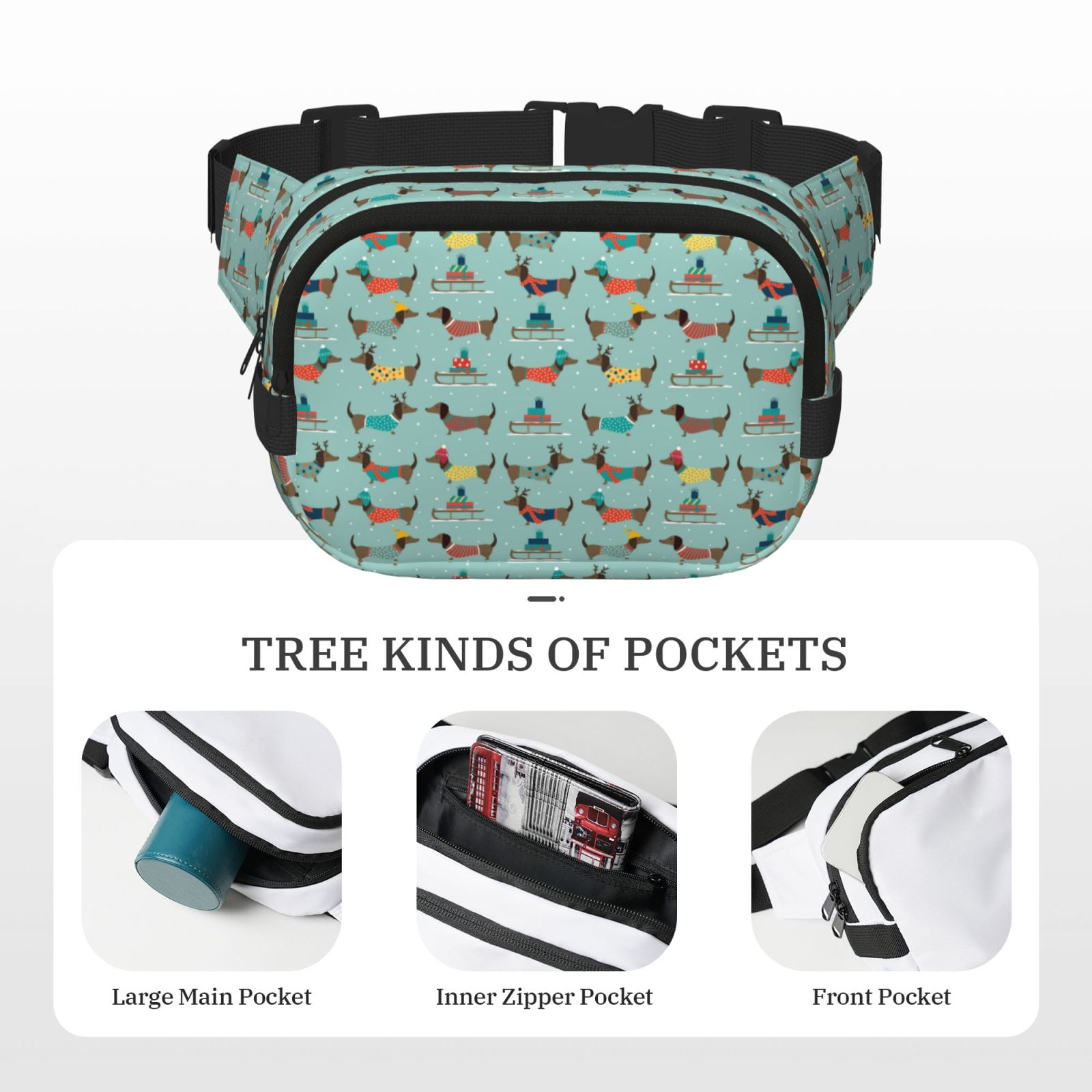 Picia Dachshund Dog Puppy Print Square Double-Layer Waist Bag Mini Adjustable Waist Belt Bag Exercise Running Travel Hiking