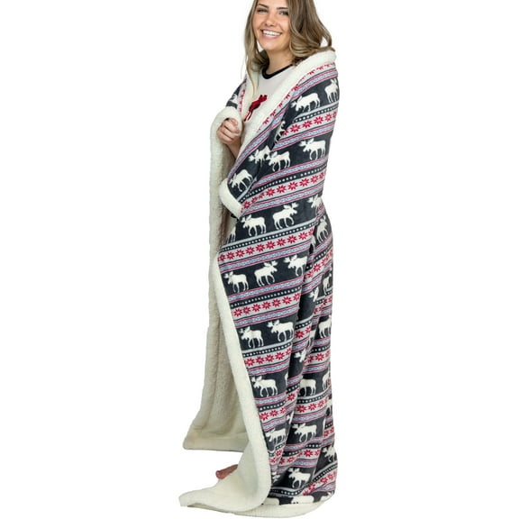 LazyOne Soft Polyester Sherpa Throw Blanket, Plaid and Animal Designs, One Size, Warm, Cozy (Moose Fair Isle)