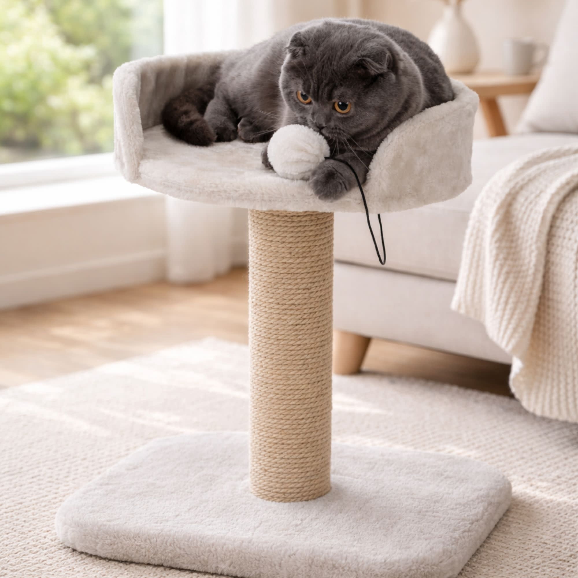TRIXIE Mica Sisal 18" Cat Scratching Post with Plush Platform, Light Gray-Greige