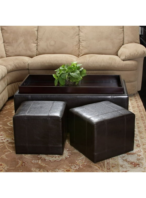 Noble House Tray Top Brown Bonded Leather Nested Ottomans (Set of 3)