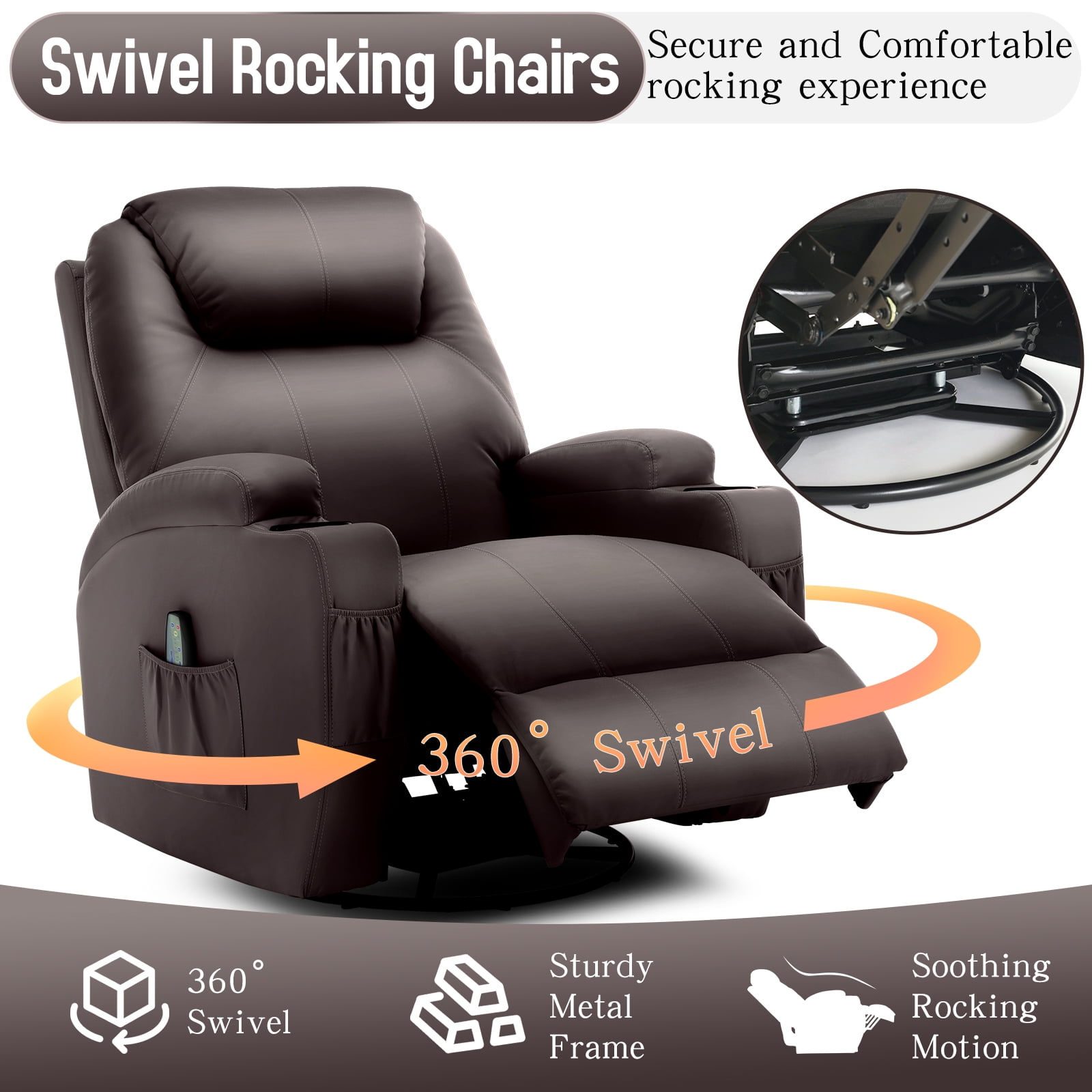 Korser Swivel Rocker Recliner Chair with Massage Faux Leather for Living Room,Brown