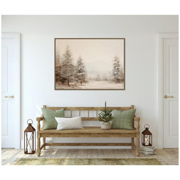 Kate and Laurel Framed Canvas Wall Art Print 'Warm Neutral Winter Forest Landscape' by The Creative Bunch Studio, 38 x 28 Sylvie Beaded Dark Gold Frame, Rustic Farmhouse, Landscape Art for Wall Decor