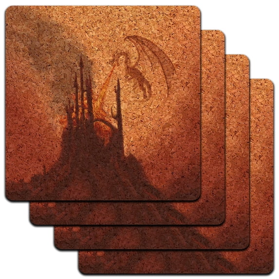 Dragon Breathing Fire Castle Ruins Fantasy Medieval Low Profile Cork Coaster Set