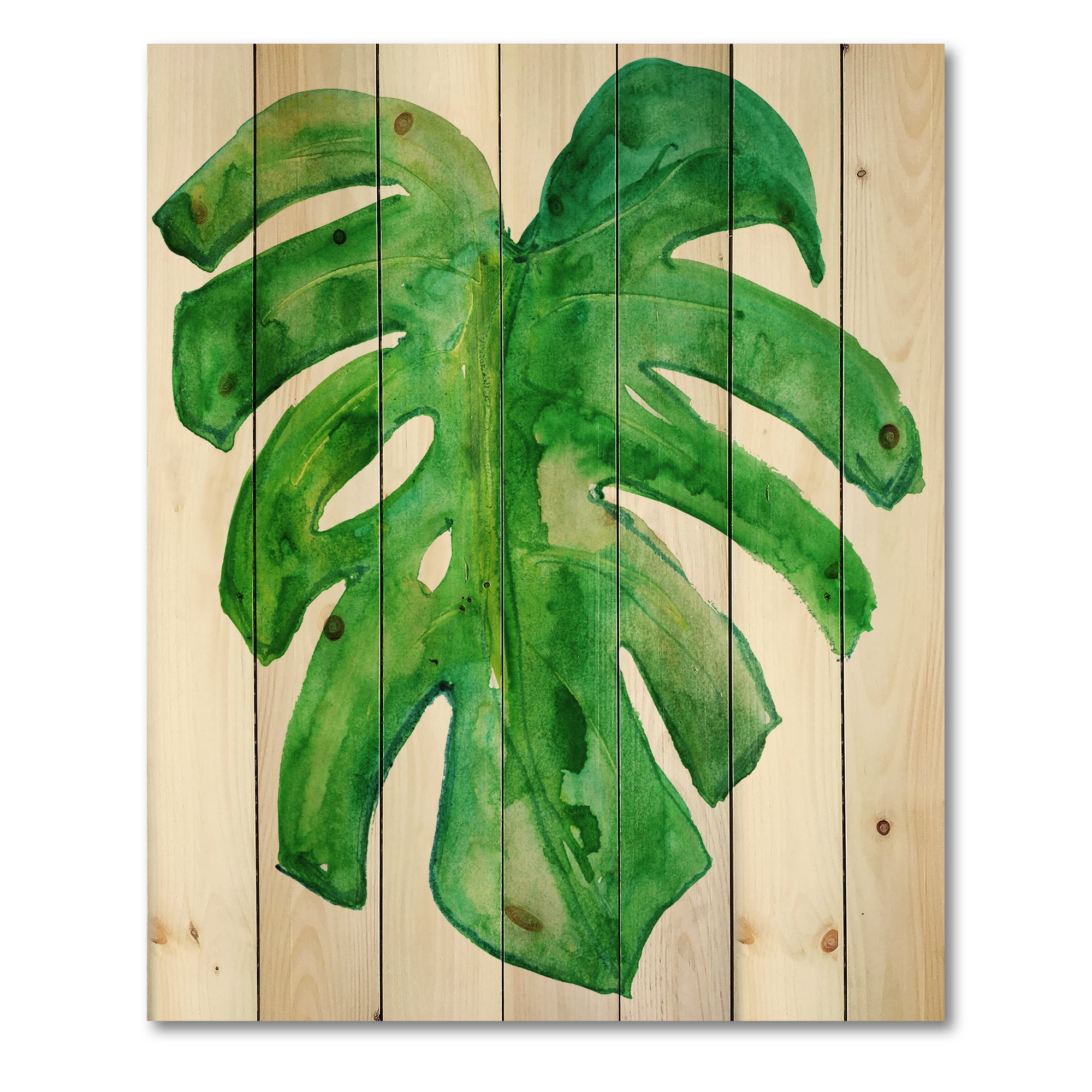 Designart 'Close Up Of Tropical Leaf Of Monstera I' Farmhouse Print on Natural Pine Wood
