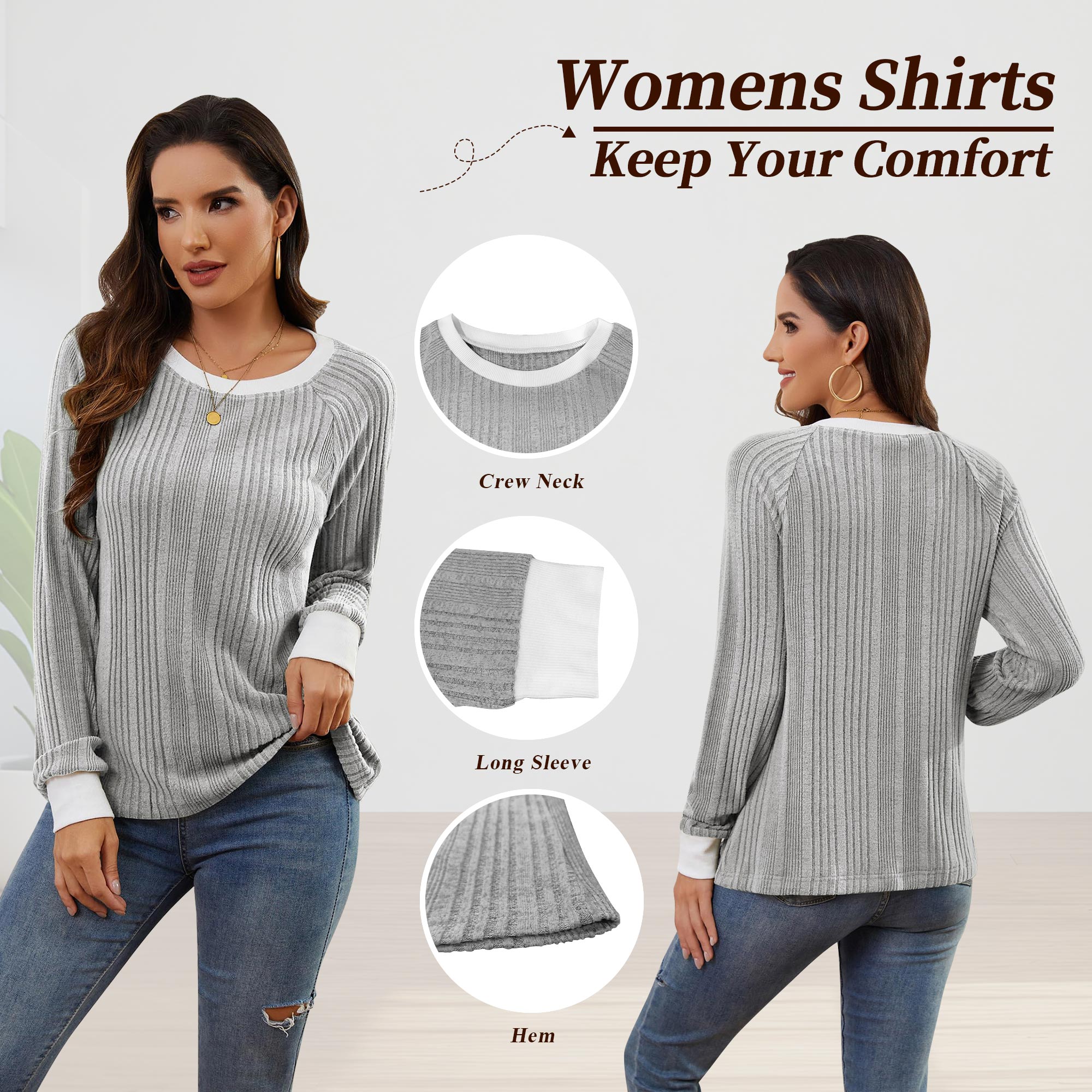 SHIBEVER Women's Long Sleeve Crew Neck Tunic, Gray photo 3