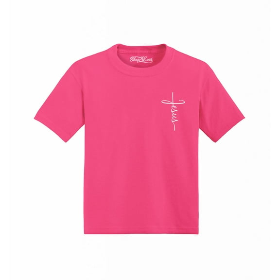 Shop4Ever Jesus Cross Cursive Script Pocket Size Toddler's Cotton T-Shirt 2T Hot Pink