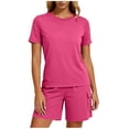 thumbnail image 2 of Favoffer Women Lounge Short Sets Crew Neck Short Sleeve Tops Cozy Pocketed Shorts Solid Color Breathable Two Piece Outfits for Home Rest Daily, 2 of 6