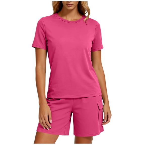 MYAOYI Sets for Women Daily Wear 2 Piece Outfits Crew Neck Short Sleeve T Shirt and Cargo Shorts Lounge Set with Pockets