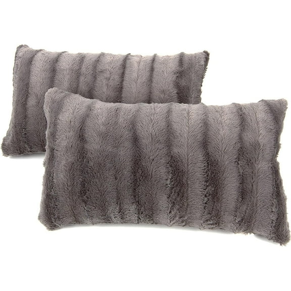 Faux Fur Throw Pillows - Set of 2 Lumbar Couch Pillows - 12" x 20" - Grey