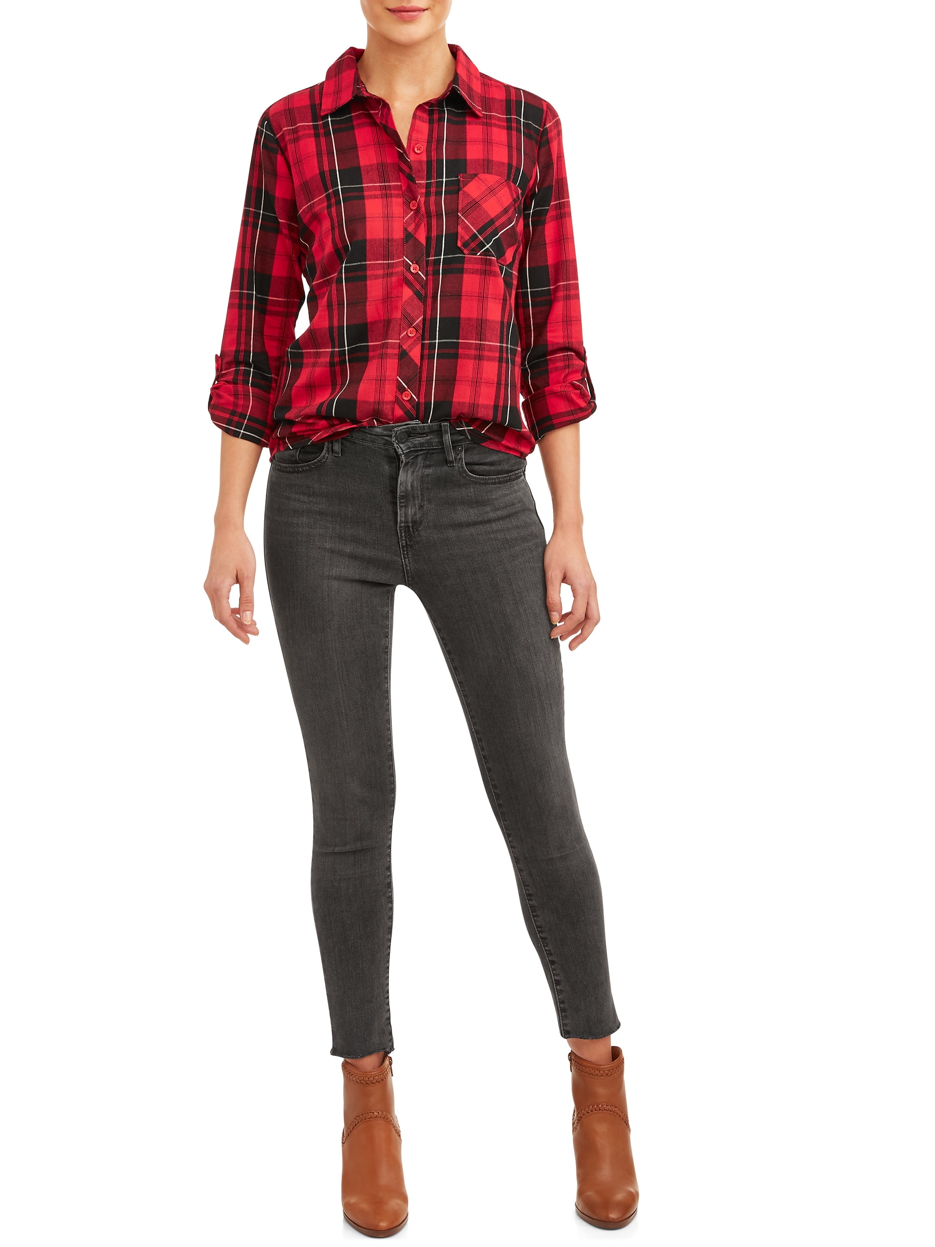 Time and Tru Women's Woven Plaid Shirt 