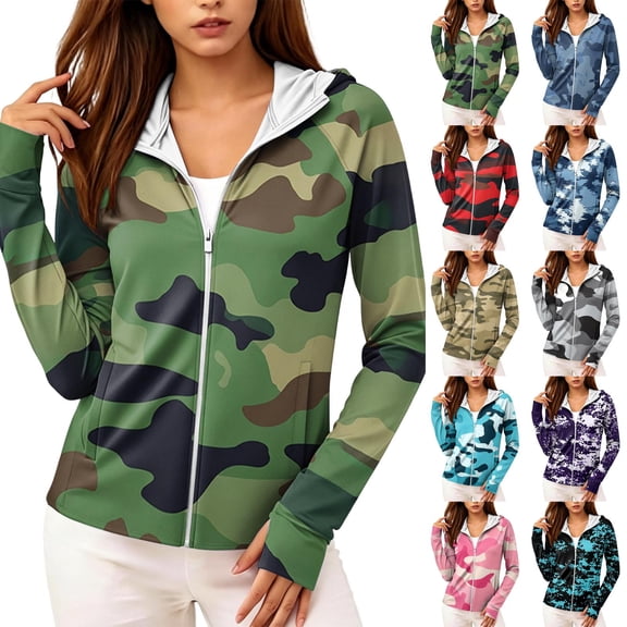 Camouflage Sun Protection Hoodie for Women UPF 50  - Active Outdoor Long Sleeve Zip Up Jacket with Thumbholes & Pockets, Lightweight Athletic Rash Guard Black L