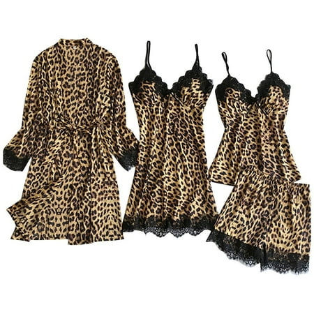 

wendunide pajama set for women Satin Silk Pajamas Cardigan Nightdress Bathrobe Ladies Robes Underwear Sleepwear Brown L