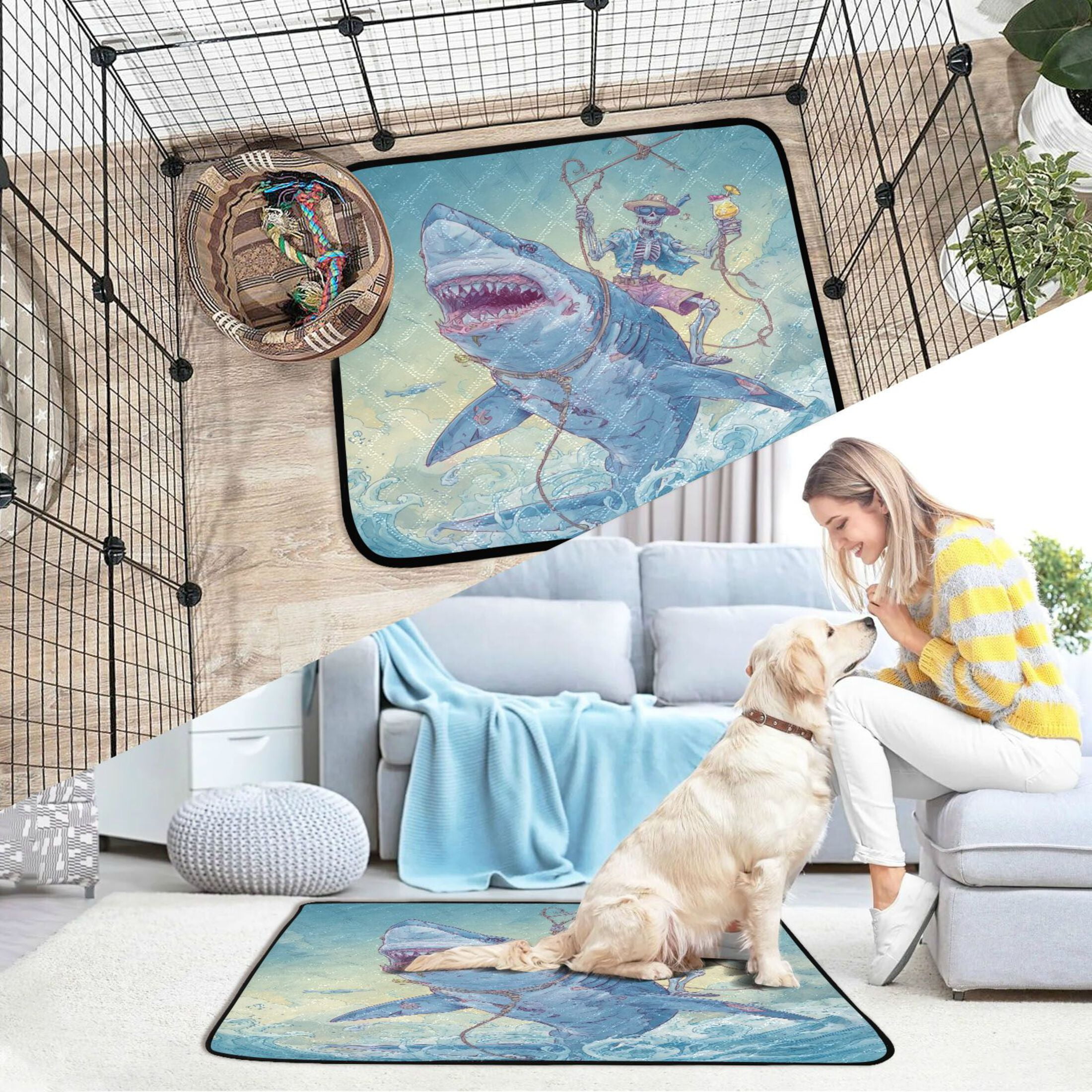 Qxltty Skull Shark Cat litter Pads Pet Set of 2 Diaper Mats Center Anti-leakage Layer Absorbent Soft and Comfortable