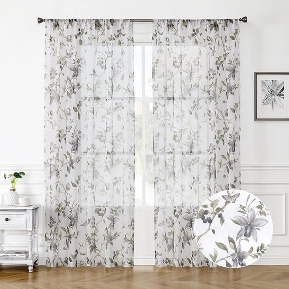 Floral Sheer Curtains Grey Cherry Flower Butterfly Print Bedroom Curtain Rod Pocket Voile Linen Look White Sheer Curtains for Living Room, 54 x 72 inches Long, Set of 2 Panels
