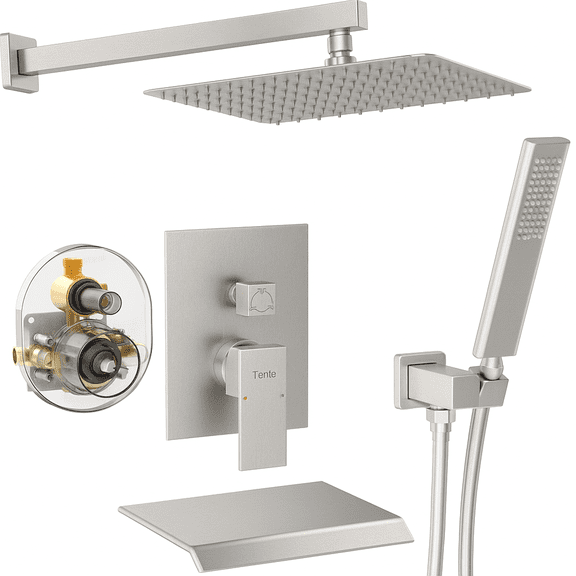 Male NPT Brushed Nickel Shower System, 12 Inch Shower Fixtures Rain Shower Head with Handheld Shower Spray, Wall Mount