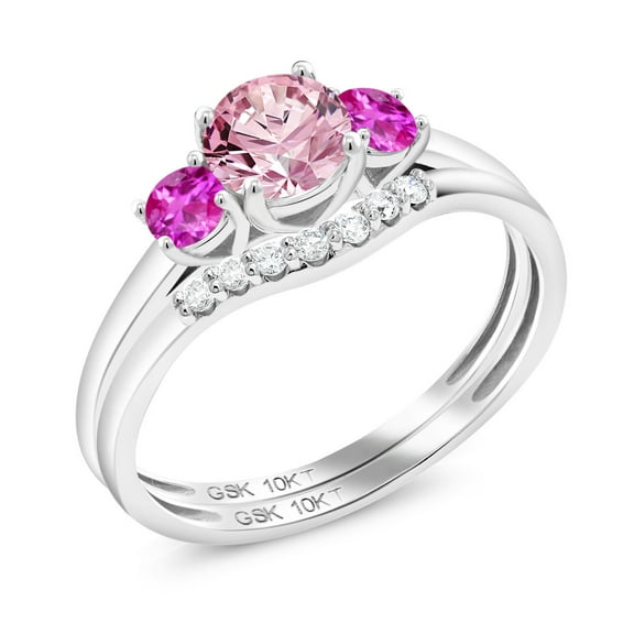Gem Stone King 10K White Gold Pink Lab Grown Diamond and Pink Sapphire and Lab Grown Diamond Bridal-Sets Ring for Women | 0.83 Cttw | Round 5MM | Gemstone April Birthstone | Size 8