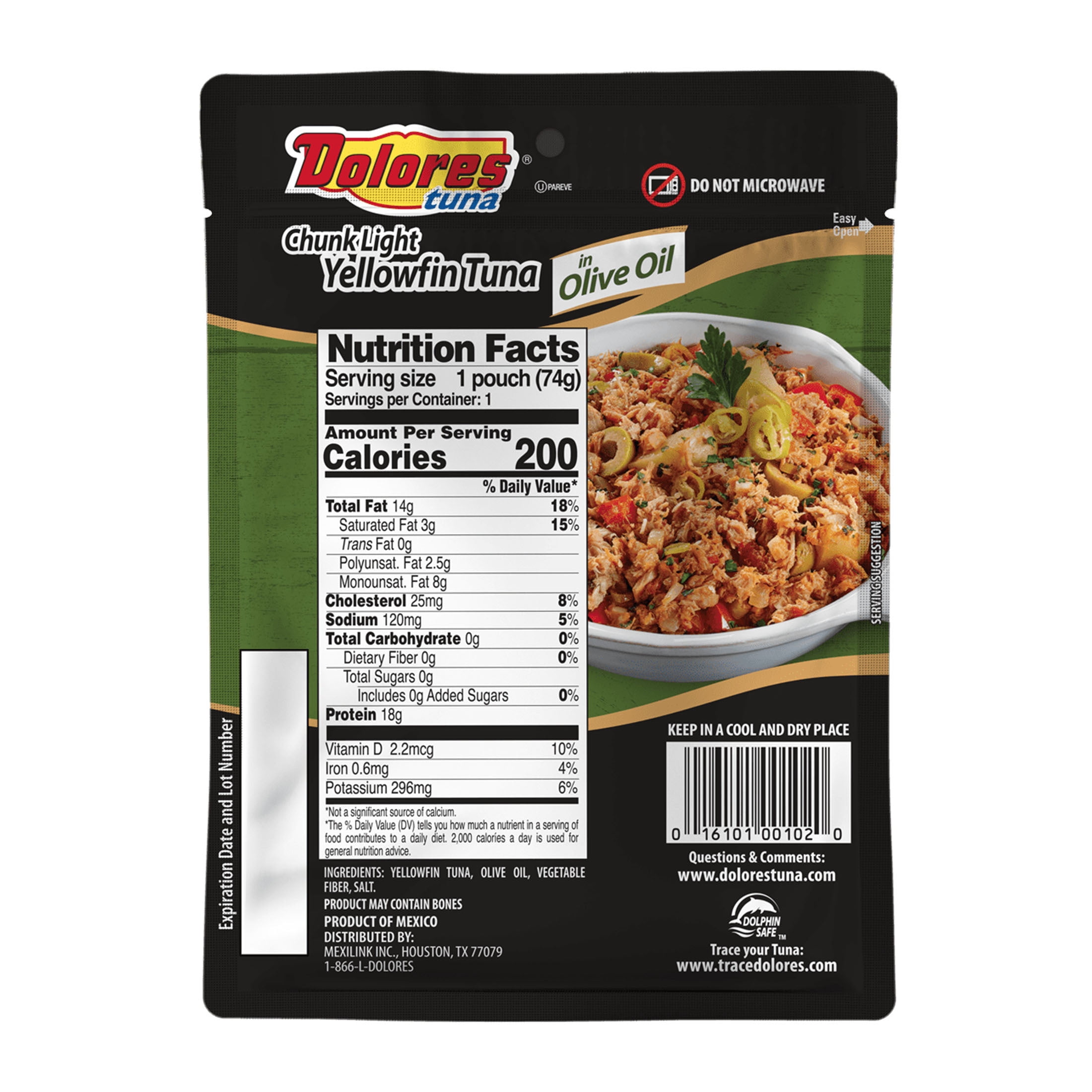 (4 pack) Dolores Chunk Light Yellowfin Tuna in Olive Oil, 18g Protein, 2.6 oz Pouch