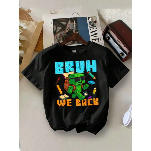 Kids' Summer Back To School Cartoon Printed Short Sleeve TShirt, Casual Cute Graphic Tee For Boys, Comfortable Breathable Cotton Blend Fabric, Stylish And Playful Design
