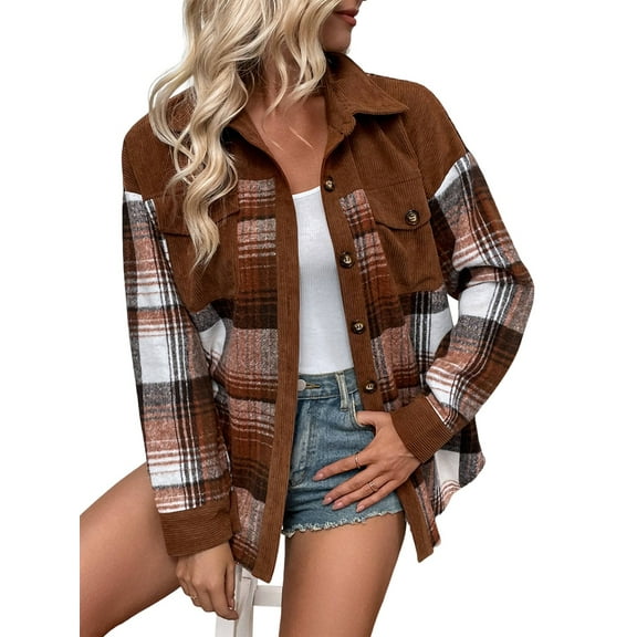 Women'S Color Block Corduroy Shirts Long Sleeve Button Down Boyfriend Blouses Tops Dark Brown S