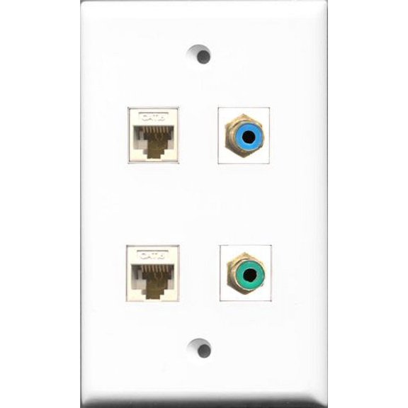 RiteAV 1 Port RCA Green and 1 Port RCA Blue 2 Port Cat6 Ethernet White Wall Plate