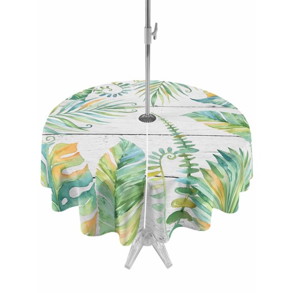 Outdoor Tablecloth with Umbrella Hole for Patio/Picnic/Party/Camping, Summer Botanical Waterproof Table Cloth Round Cover Washable, Green Tropical Palm Trees Wooden Grey (Dia 54")