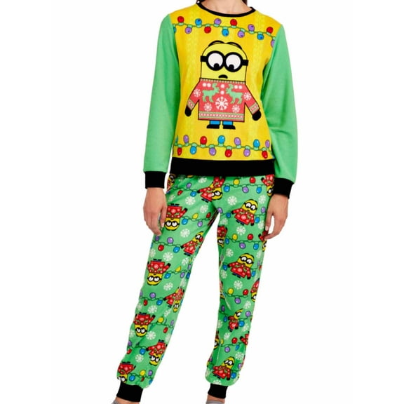 Despicable Me Womens Fleece Minion Ugly Sweater Pajamas Holiday Sleep Set Medium