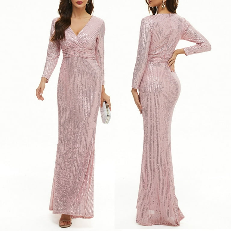 chinese dress ladies Pink Mermaid Long Sleeve Backless Beading Sequins Prom Dress Pink / 12 main image 1