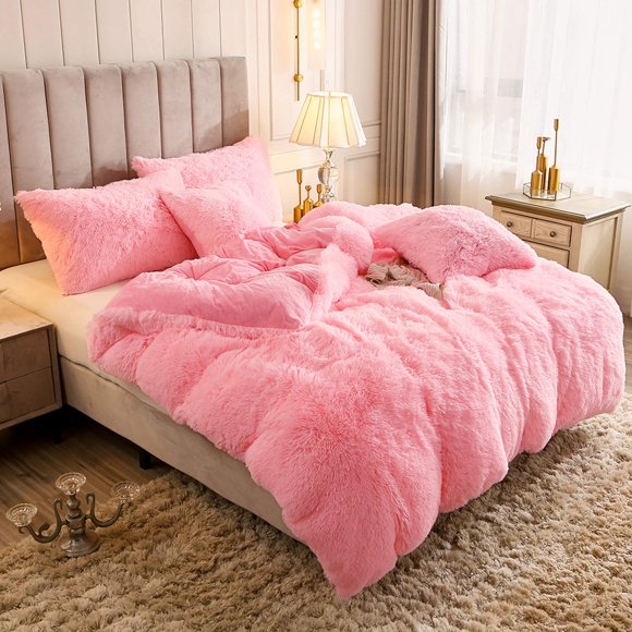 Uhamho Luxury Fluffy 1PC Solid Duvet Cover Faux Fur Plush Shaggy Quilt Cover Velvet Bedspread Zipper Closure, No Pillow Sham, No Comforter (Pink, Twin)