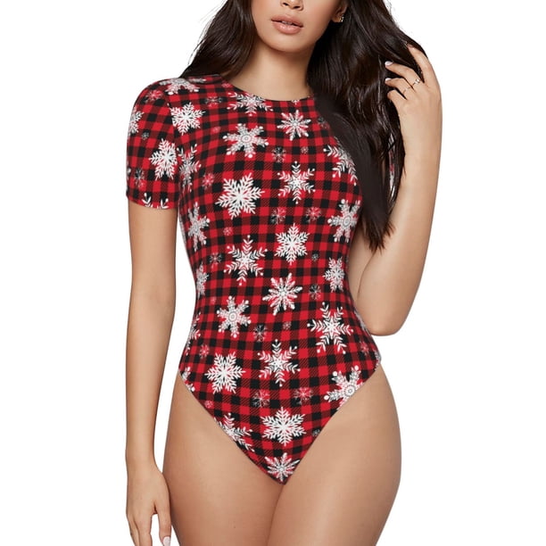 Balery Snowflake red plaid Body de cuello redondo de manga corta para mujer Tops de manga corta Tops básicos-Large