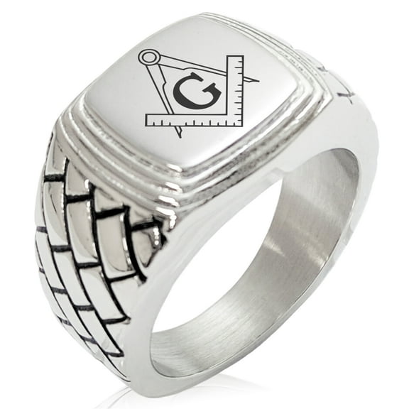 Stainless Steel Freemasons Masonic Compass Geometric Pattern Step-Down Biker Style Polished Ring
